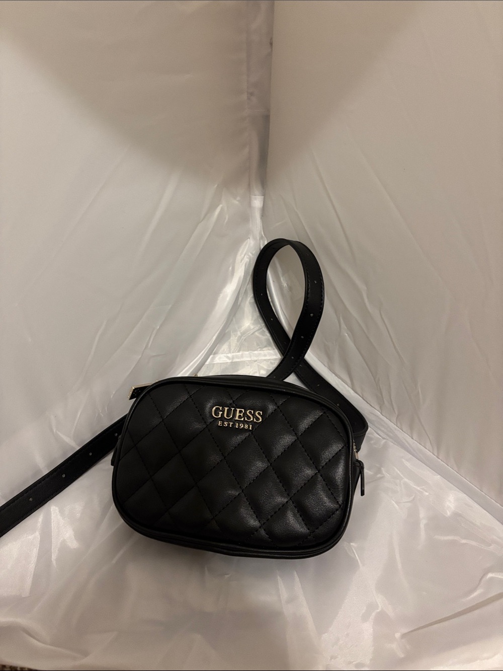 GUESS Black Quilted Crossbody with Gold Logo